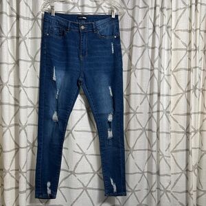 Fashion Nova Dark Blue Distressed Skinny Jeans